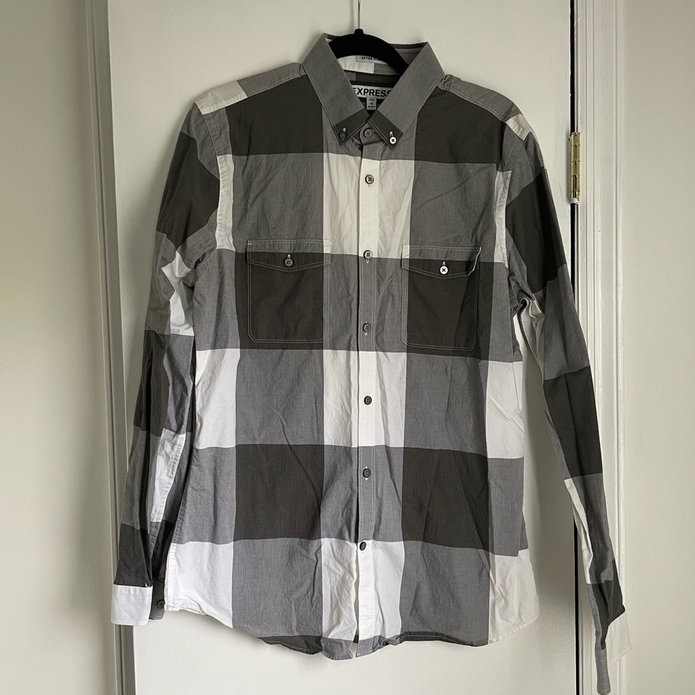 Express Gray Plaid Extra Slim Fit Casual Button Down
